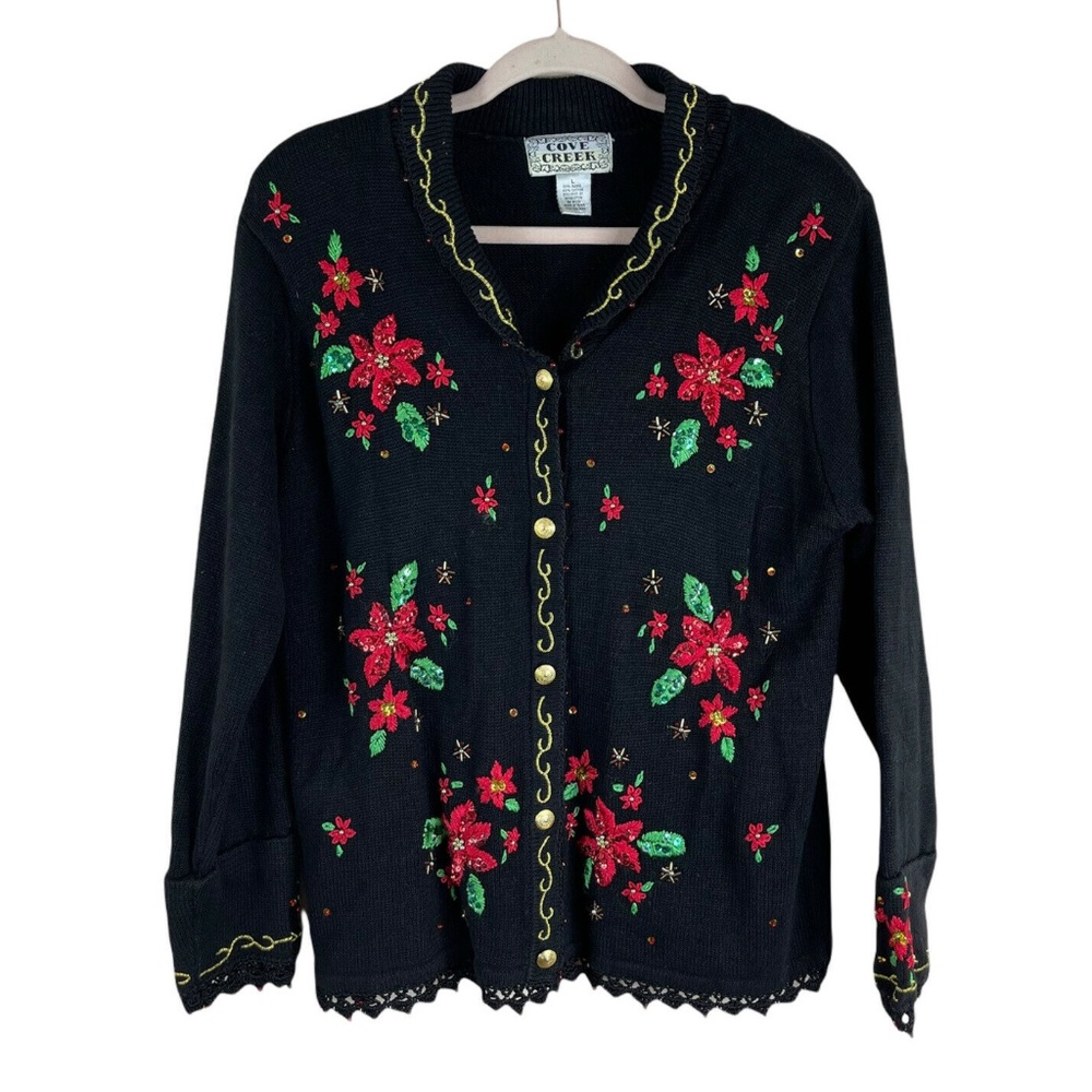 COVE CREEK chunky knit beaded embroidered poinsettia ugly Christmas sweater